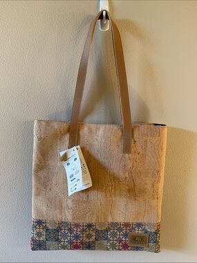 NWT Neutral Vegan Cork Tote Bag with Patterned Trim